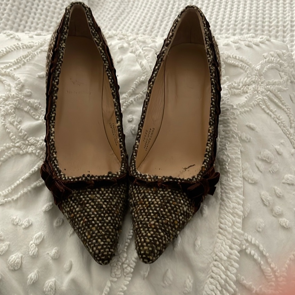 J.Crew Italy Brown & Wht Tweed W/Brown Velvet Trim & Side Bow Pointy Toe Sz 7.5